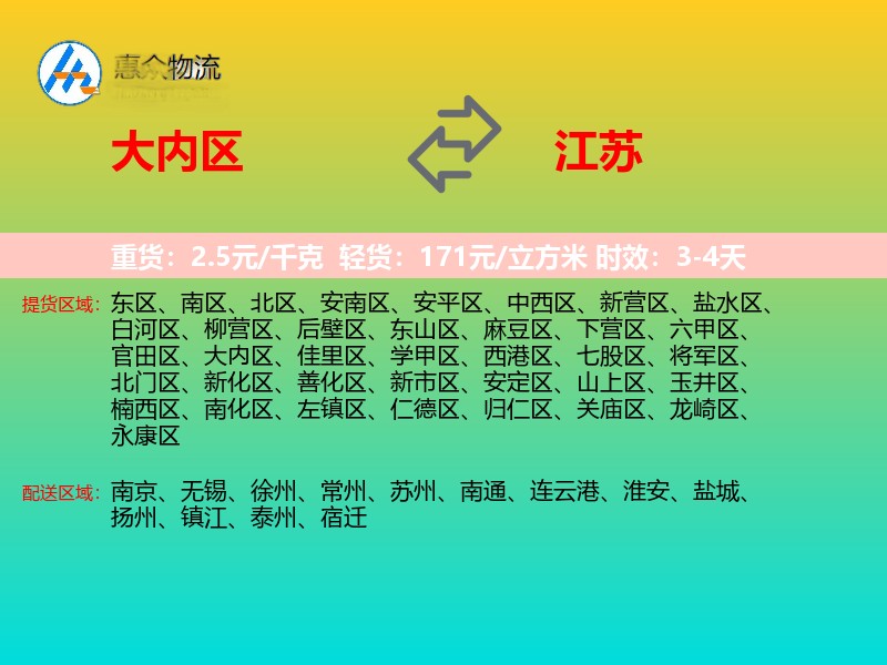大内区到江苏物流专线