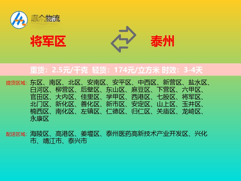 将军区到泰州物流专线