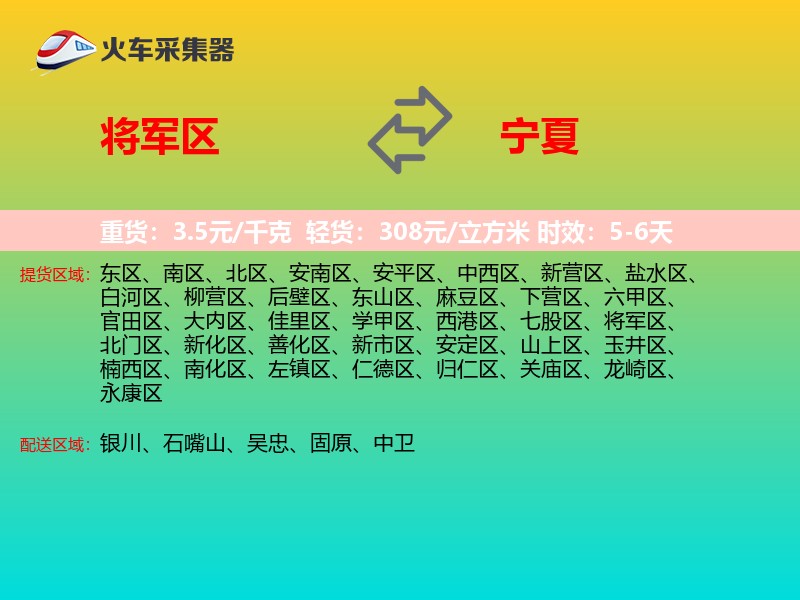 将军区到宁夏物流专线