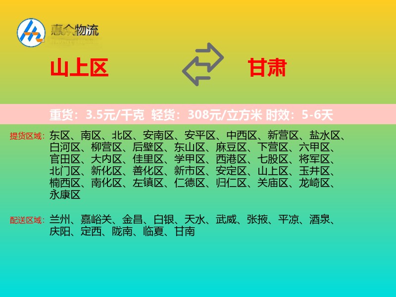 山上区到甘肃物流专线
