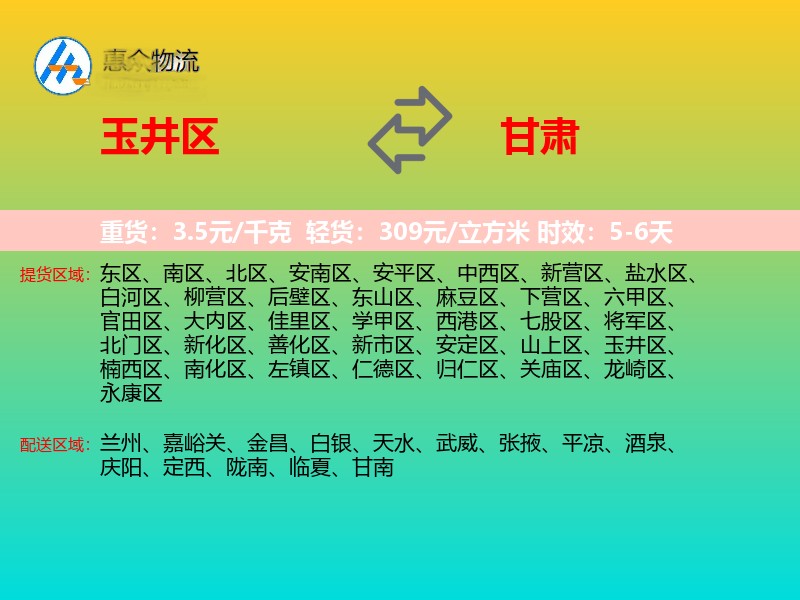 玉井区到甘肃物流专线