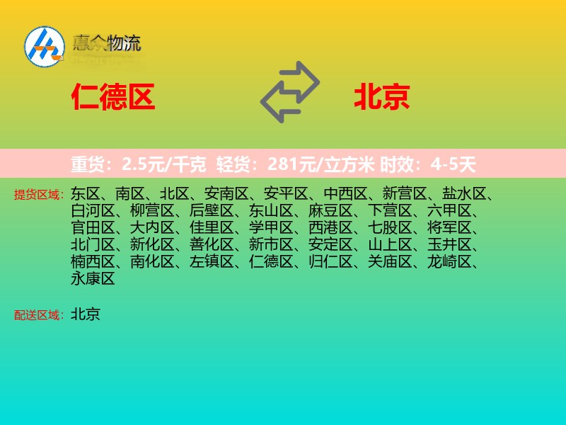 仁德区到北京物流专线