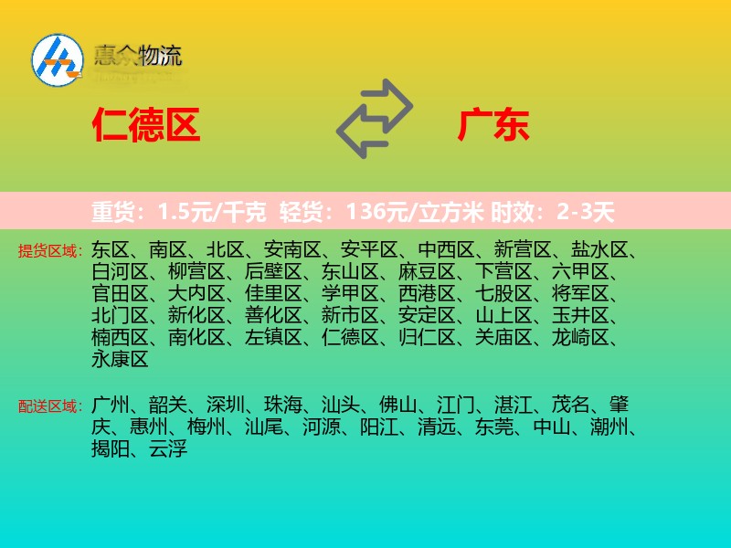 仁德区到广东物流专线