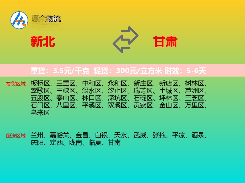 新北到甘肃物流专线