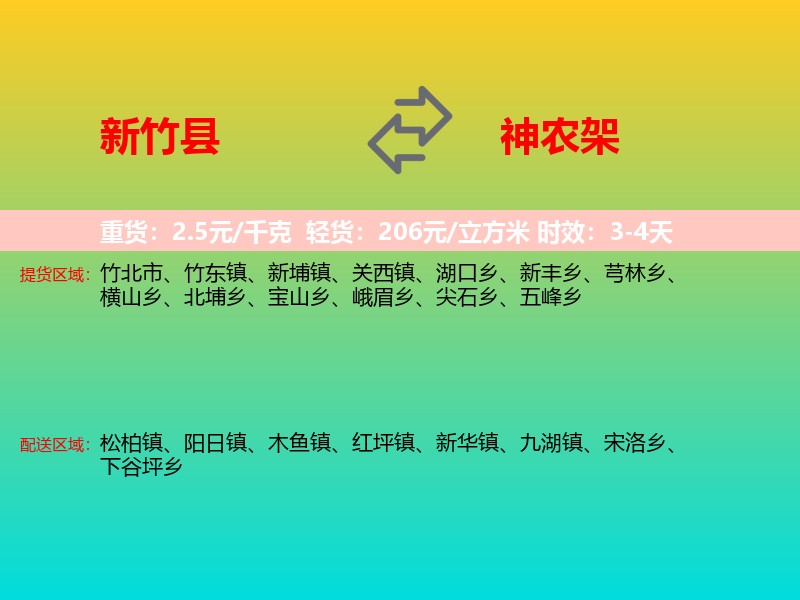 新竹县到神农架物流专线价格时效