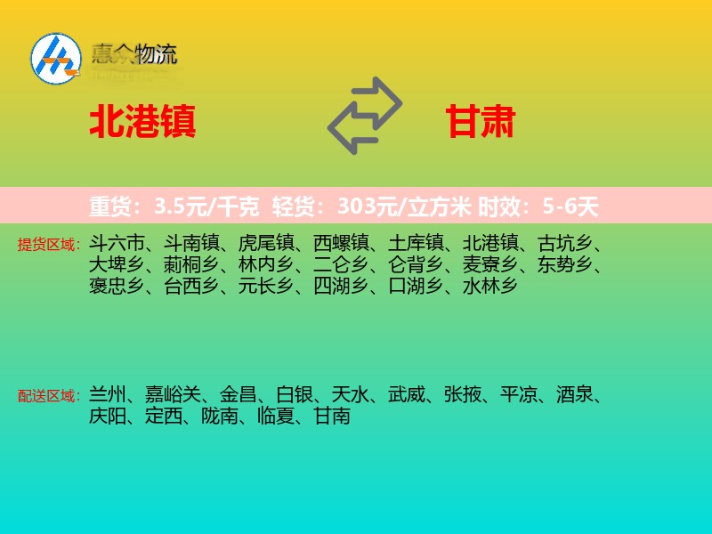 北港镇到甘肃物流专线