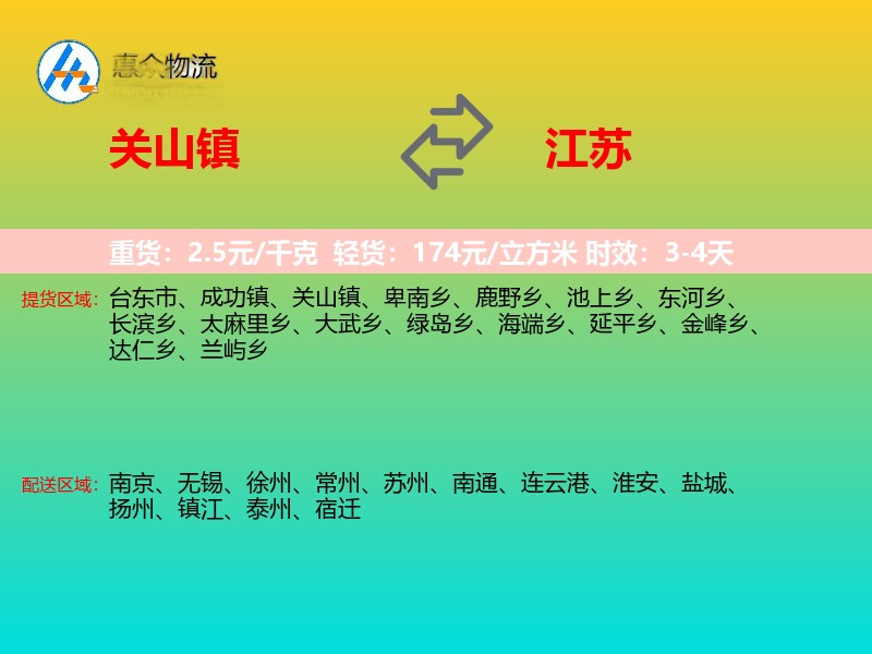 关山镇到江苏物流专线