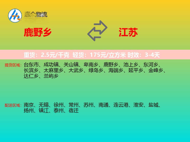 鹿野乡到江苏物流专线