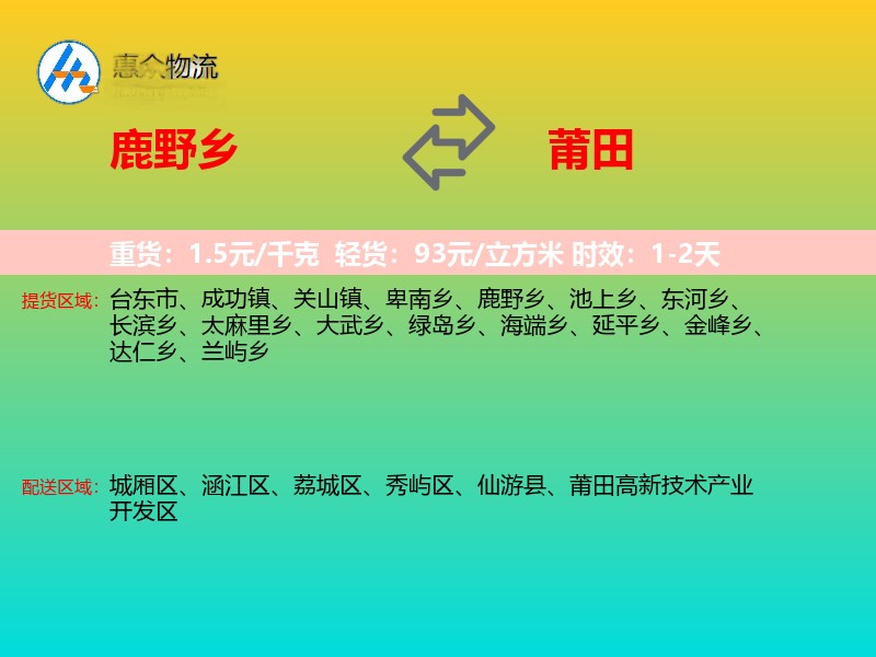 鹿野乡到莆田物流专线
