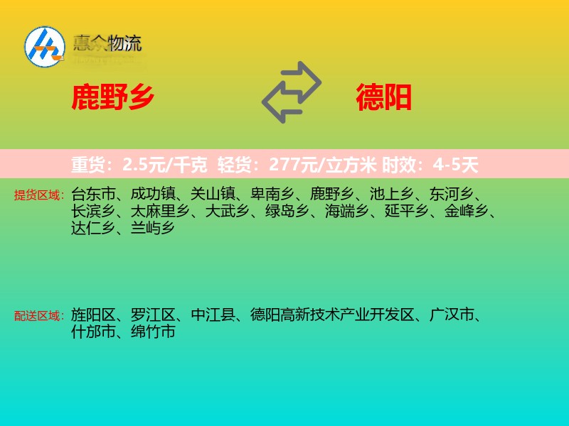 鹿野乡到德阳物流专线