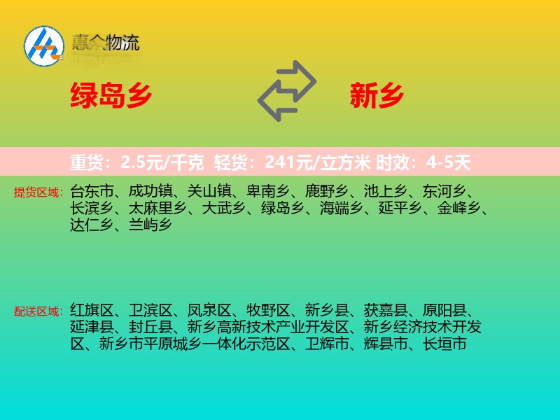 绿岛乡到新乡物流专线